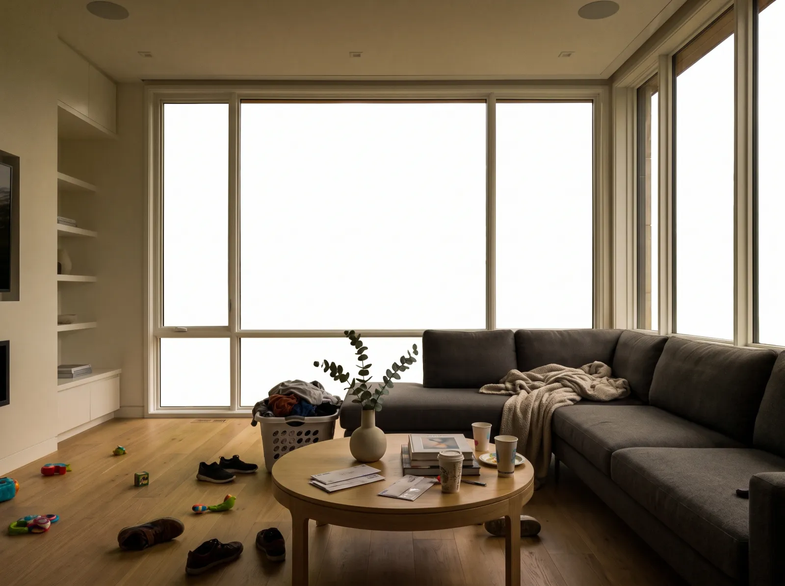 Unedited phone photo of a living room: windows blown out, dim yellow light, clutter on the floor and table