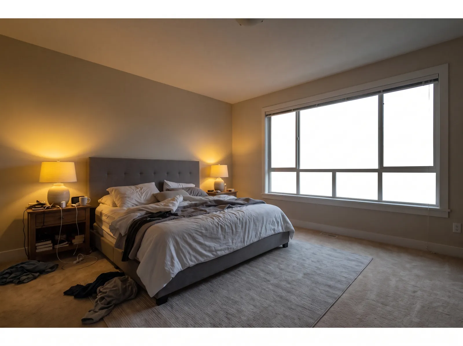 Primary bedroom straight off the phone: blown window, yellow lamp cast, unmade bed