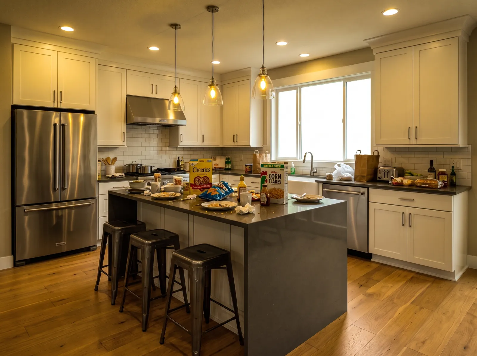 Kitchen with island straight off the phone: blown window, pendant cast, cluttered counters
