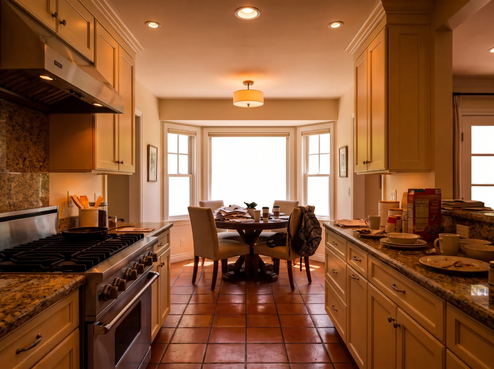 Kitchen with bay nook straight off the phone: bay windows blown, dark interior, clutter