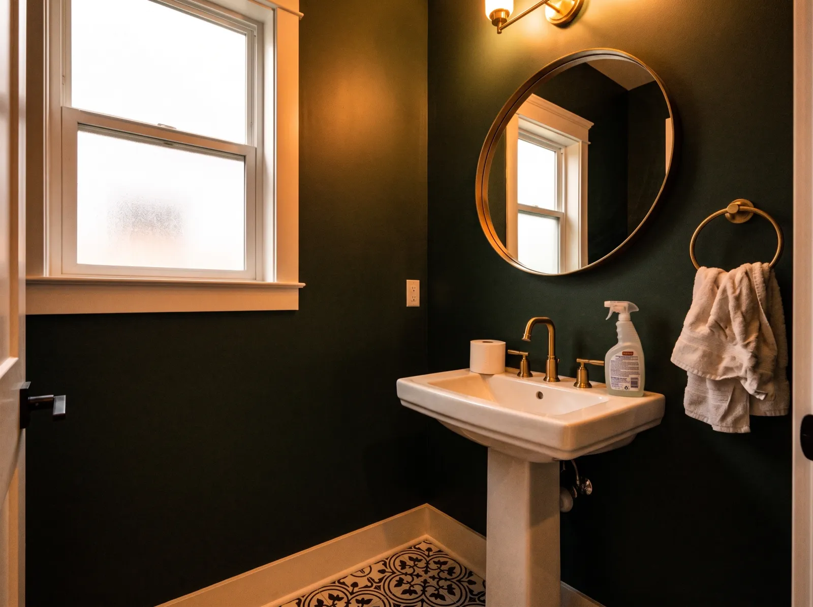 Powder room straight off the phone: murky orange cast, grain