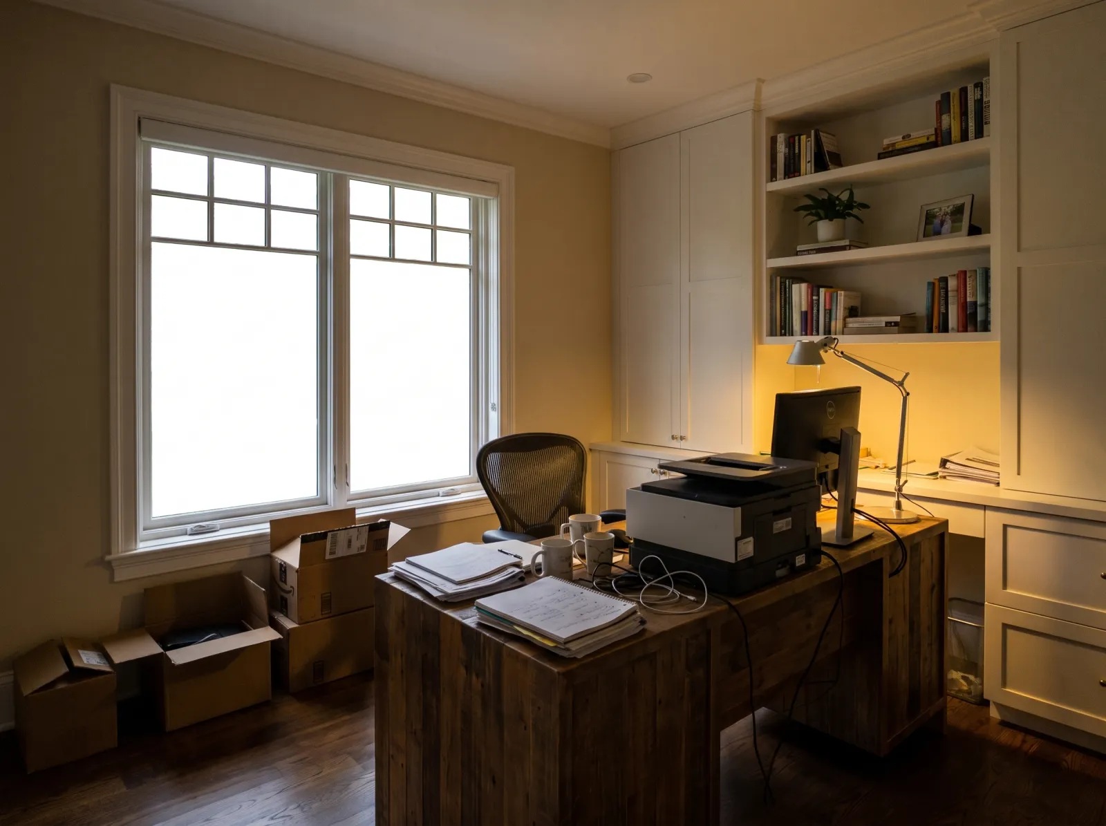 Home office straight off the phone: blown window, lamp cast, paper clutter